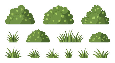 Illustration of various green bushes and grass tufts on a white background.