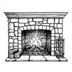 Stone fireplace with logs and flames in sketch style vector illustration on transparent background  