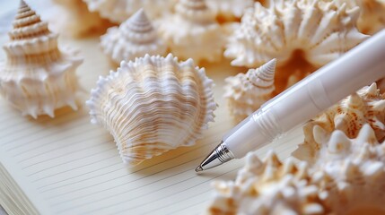 White Pen on Lined Paper Surrounded by Cream Colored Seashells, Coastal Aesthetic