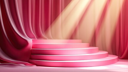 Pink tiered platform stage with drapery, sun rays.