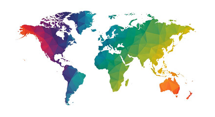 A vibrant, low-polygon world map illustration showcasing continents in a spectrum of rainbow colors against a clean white background, symbolizing global dive...
