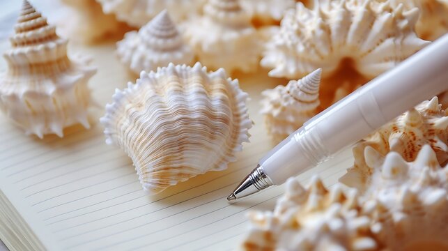 White Pen on Lined Paper Surrounded by Cream Colored Seashells, Coastal Aesthetic
