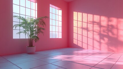 Pink room with sunlight and shadows. Sunlight streams through large windows into a minimalist, pastel pink room with a potted plant.