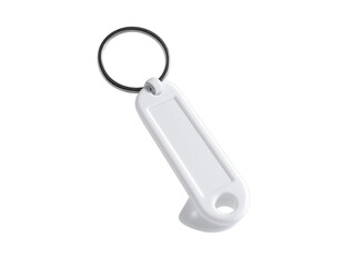 White keychain with silver ring, clean, angled view