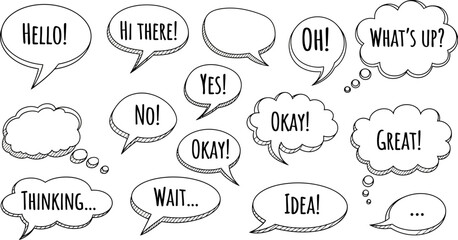 Collection of speech bubbles with various text, including greetings and exclamations, in a cartoon style. © Muginandaru