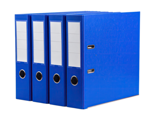 Four blue ring binders with label slots