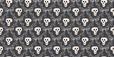 Halloween seamless pattern with skulls and coquette bows. Scary ghosts, Happy Halloween endless background. Vector illustration