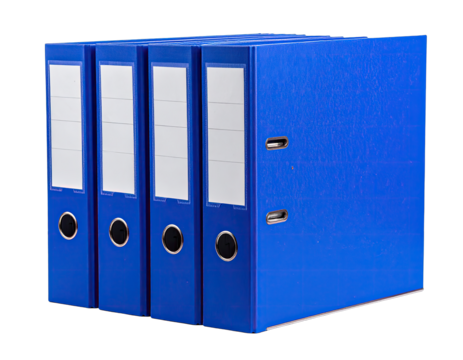 Four blue ring binders with label slots