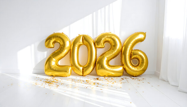 Gold balloons with the number 2026 on the wall, a symbol of New Year celebrations - Powered by Adobe
