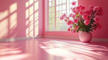 Pink room with large vase of flowers by window, sunlit.