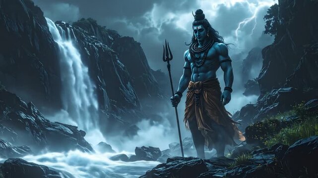 Lord Shiva Standing Near Waterfall with Lightning in Background Image