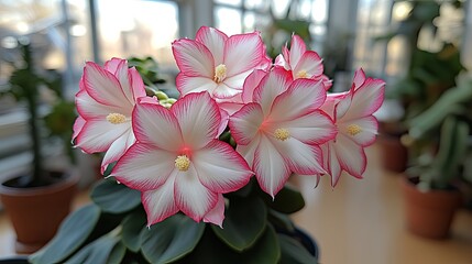 Pink and white flowers in a greenhouse.