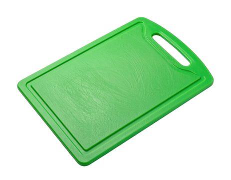 Scratched green plastic cutting board, handle up/right
