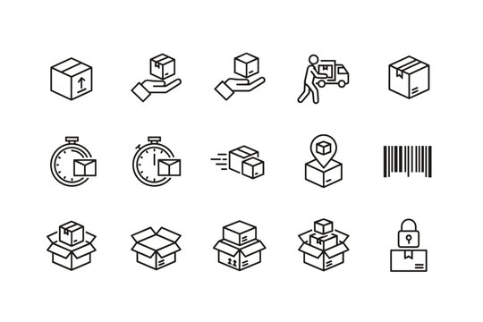 Delivery and shipping icons set, package handling line icons, parcel tracking, logistics fast shipment, barcode scanning, secure packaging, moving and storage vector symbols