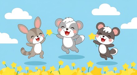 Naklejka premium Cute cartoon animals jumping with flowers in a field of tulips.