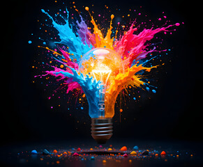 Creative glowing light bulb explodes with colorful paint and splashes on a black background
