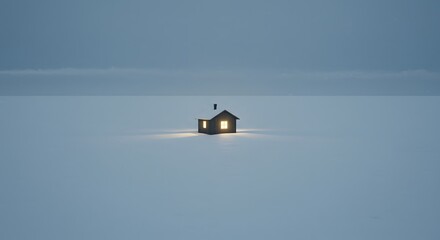Lonely cabin light glowing in endless white landscape, minimalist storytelling.