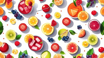 Obraz premium A vibrant pattern of assorted fruits and drinks artfully arranged on a white background