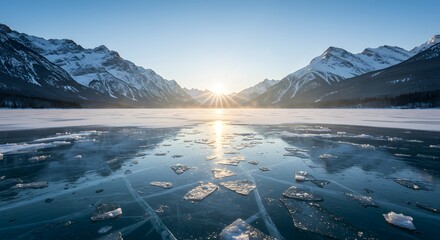 Reflection of snowy mountains in a frozen lake cracked with light.