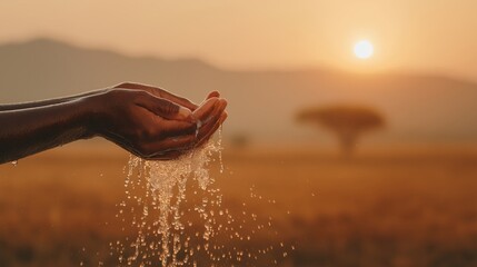 Close-up of African hands cupping clean water, which is splashing and dripping down, set against a blurred golden savanna landscape with a sunset