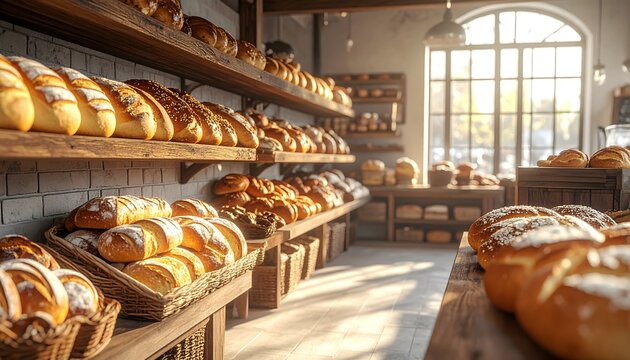 Artisanal bread display in a cozy bakery with natural light