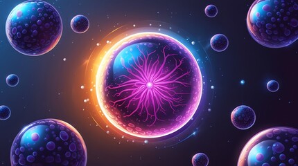 Fototapeta premium Abstract glowing orbs with internal structures in a dark starry setting