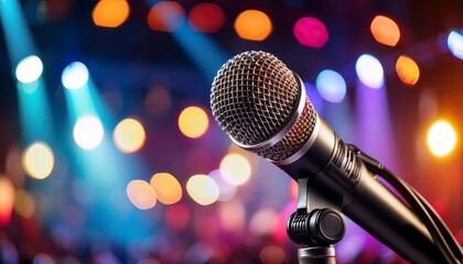 Obraz premium close up of microphone on stage with colorful stage lights in background