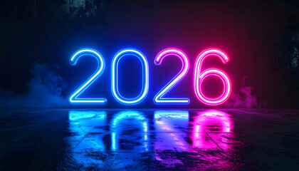 New Year celebration with glowing neon light sign and 2026 number text illustration