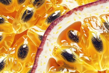Bright passion fruit halves reveal juicy pulp and glossy seeds in vibrant tropical colors