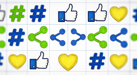 Grid with blue, green, yellow symbols: like, share, hashtag, heart. Represents social network, connection, appreciation, and communication platform