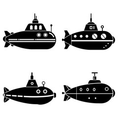 Illustration showing a collection of four submarines in black silhouette on a white background, various designs