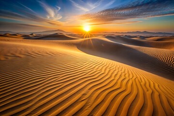 Naklejka premium Golden sunrise over the sand dunes of the sahara desert in morocco, africa