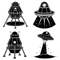 Four black and white illustrations of space vehicles and flying saucers in simple graphic style
