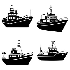 Four black and white silhouette illustrations of different types of boats and ships on a white background