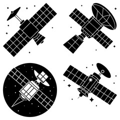Collection of four black and white satellite illustrations with stars on a white background view
