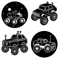 Four black and white illustrations of vehicles including a rover and monster trucks on backgrounds