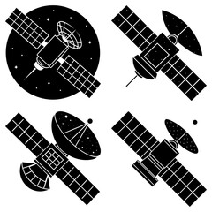 Four black and white satellite illustrations with solar panels and antennas in various orientations