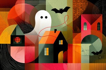 A vibrant abstract illustration capturing a whimsical Halloween scene with a ghost, bats, and haunted houses in warm colors.