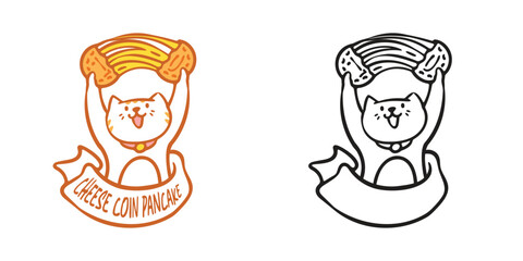 Cheese coin pancake ready use logo with concept of cat wandering pull long mozzarella melt cheese inside the cake,  and long decorative ribbon cute playful cartoon character design style