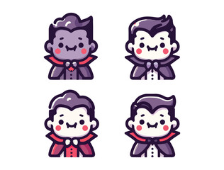 Kawaii Dracula Character Set Featuring Happy Faces and Purple Outfits