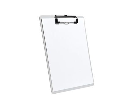 Glossy white clipboard with empty paper, angled view