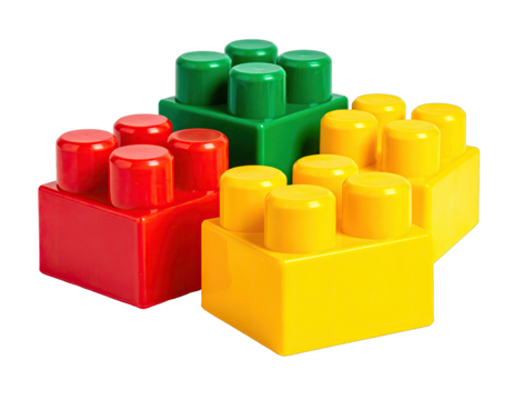 Stacked red, green, yellow blocks. Playful & colorful