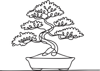 Continuous one line drawing of a beautiful bonsai tree in a pot showing elegant minimalist outline art and nature-inspired design