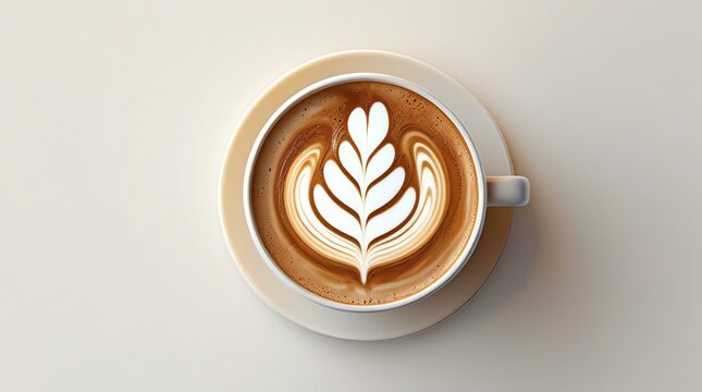 Overhead view of a latte with intricate foam art on a pale background