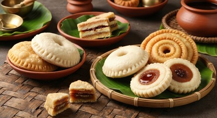 An assortment of traditional bengali sweets served on banana leaves and small clay pottery bowls