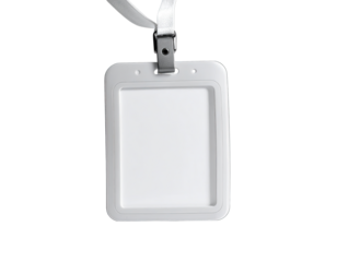 White badge holder hanging on a lanyard