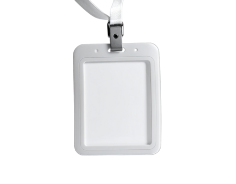White badge holder hanging on a lanyard