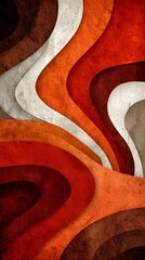 A visually striking abstract design featuring flowing curves in various shades of red, orange, and cream, creating a dynamic and textured appearance.