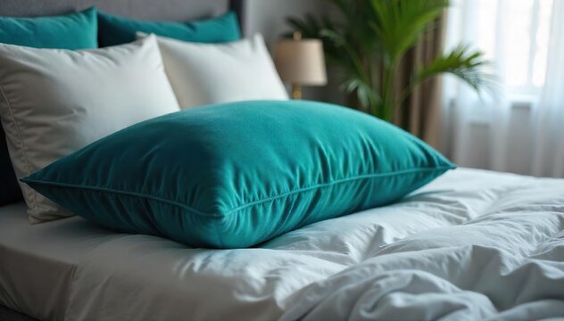 Plush Velvet Deep Teal Cushion Luxurious Comfort and Style for Any Bedroom. Ideal for side or back sleeping, adding a touch of elegance and sophistication to your space.