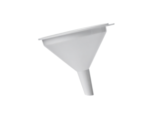 Simple, white plastic funnel on a black background